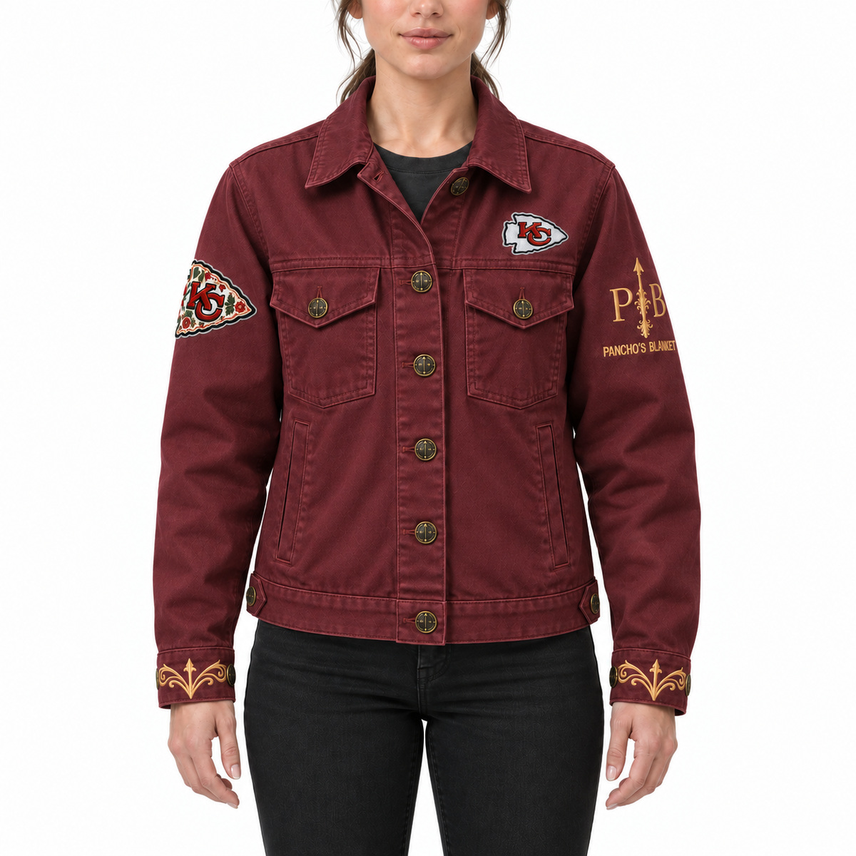 Pancho's Blanket × Kansas City Chiefs Women's Heritage Burnt Red Denim Jacket — modeled view on white background