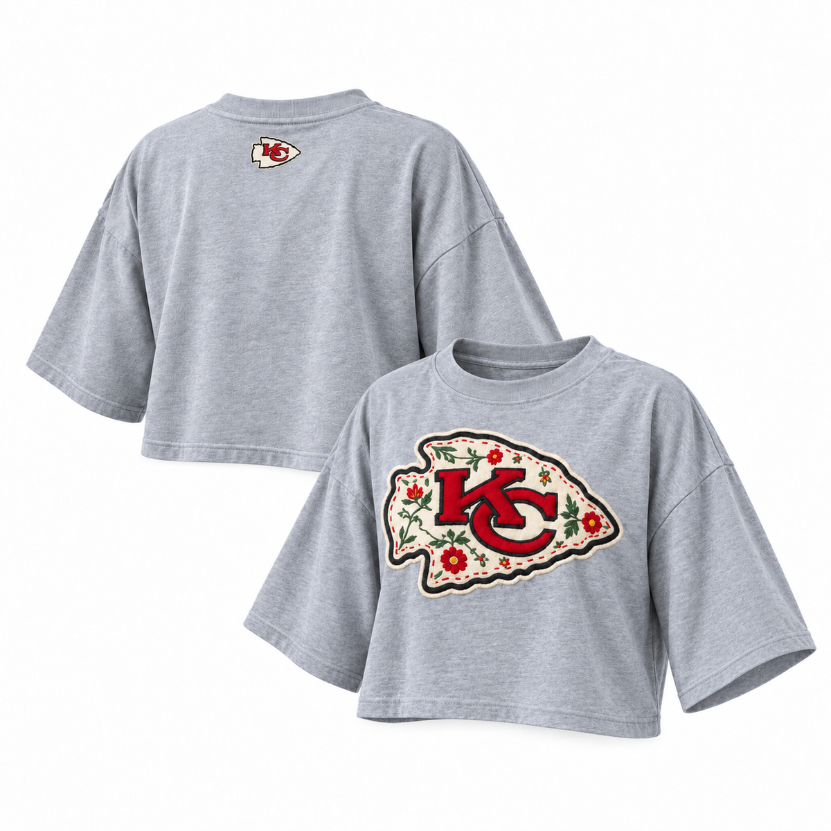 Pancho's Blanket × Kansas City Chiefs Floral Arrowhead Crop Top in gray — front and back views on white background