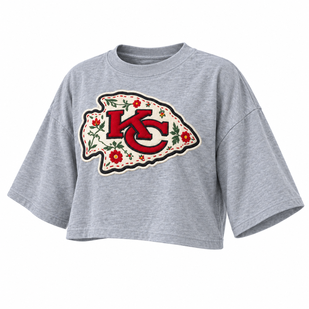 Pancho's Blanket × Kansas City Chiefs Floral Arrowhead Crop Top in gray — front view on white background