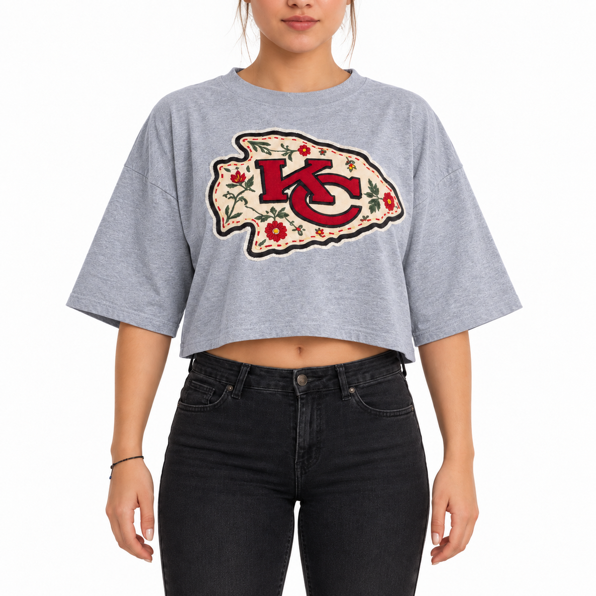 Pancho's Blanket × Kansas City Chiefs Floral Arrowhead Crop Top in gray — modeled view on white background