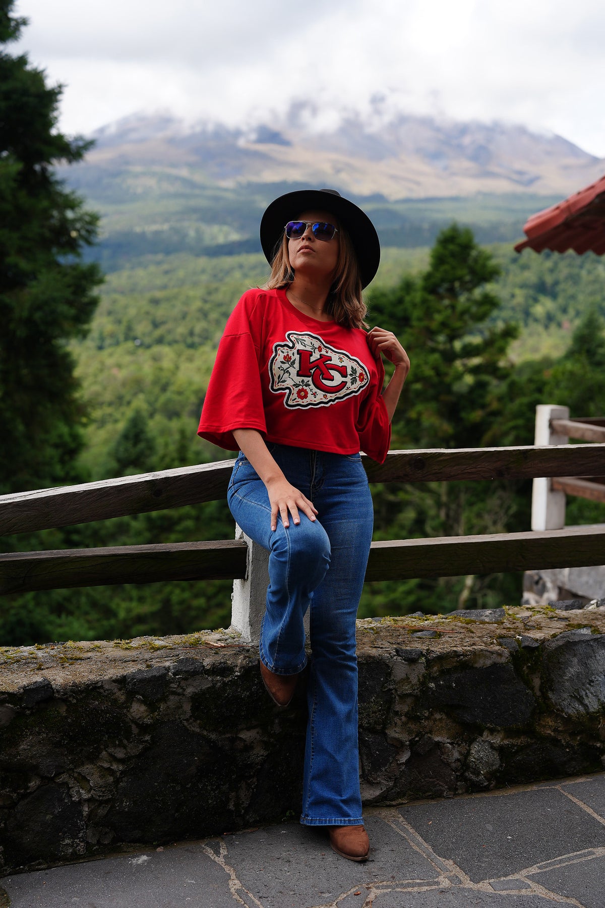 Pancho's Blanket × Kansas City Chiefs Floral Arrowhead Crop Top in red — photoshoot image 0407