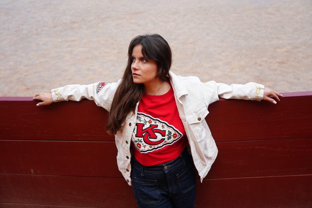 Pancho's Blanket × Kansas City Chiefs Floral Arrowhead Crop Top in red — photoshoot image 0511