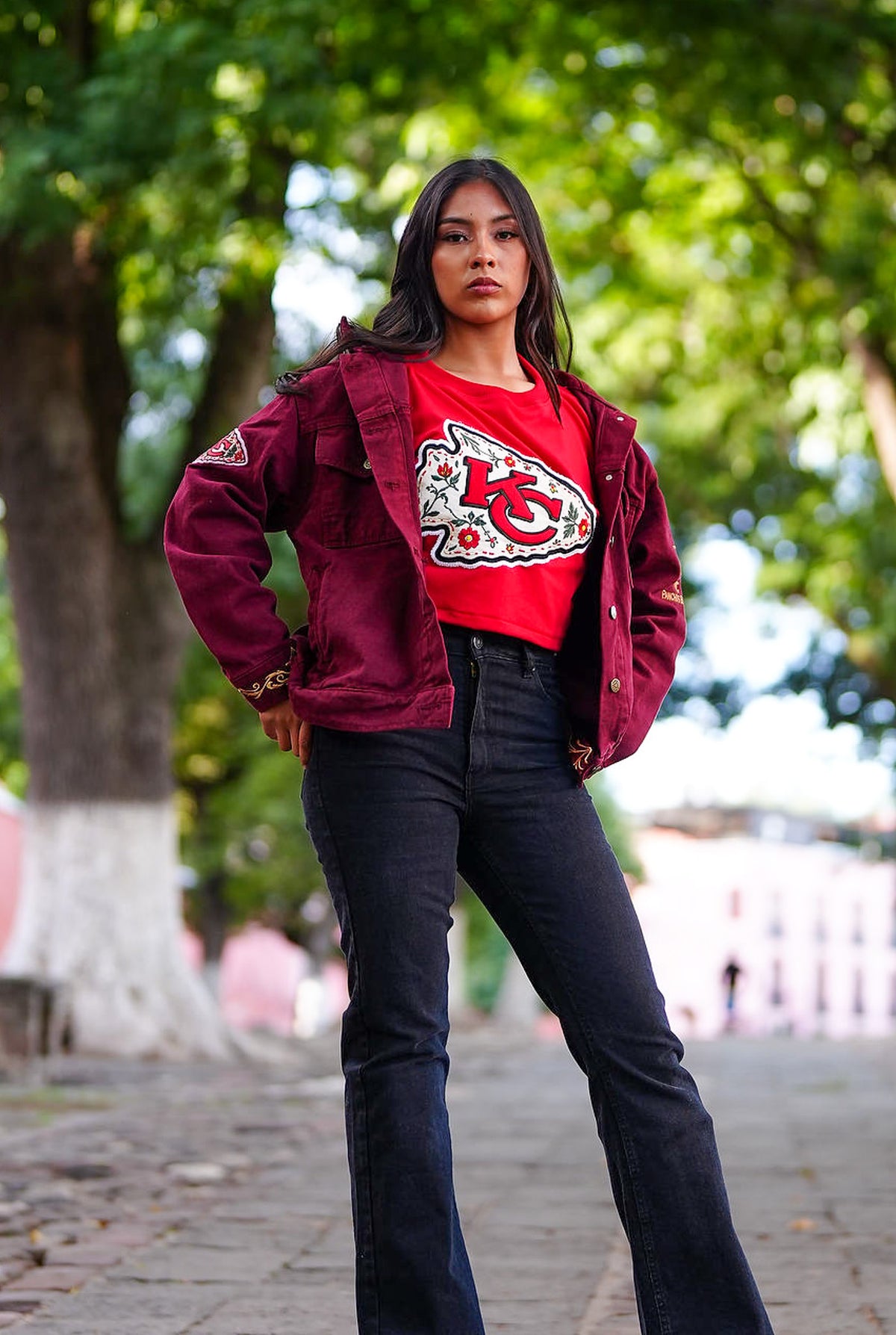 Pancho's Blanket × Kansas City Chiefs Floral Arrowhead Crop Top in red — photoshoot image 0643
