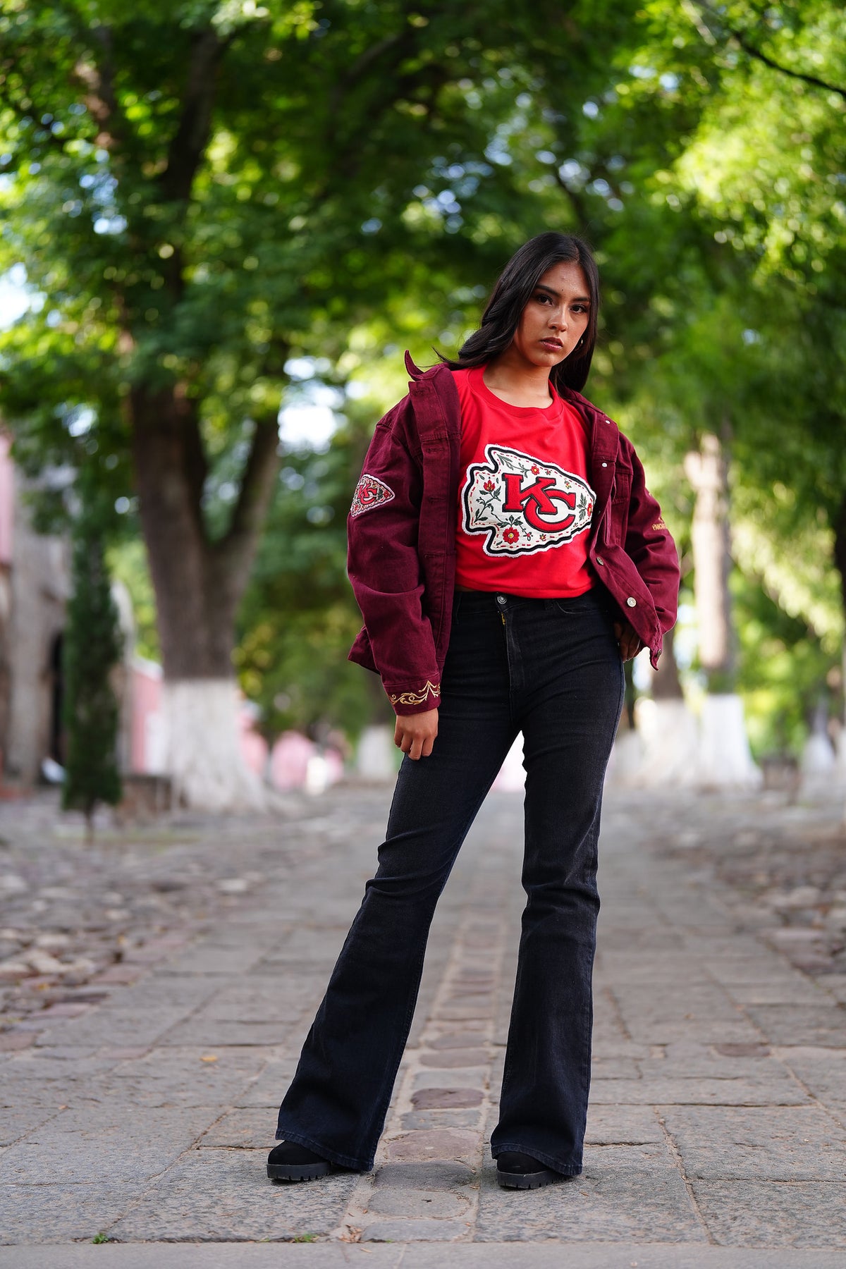Pancho's Blanket × Kansas City Chiefs Floral Arrowhead Crop Top in red — photoshoot image 0647