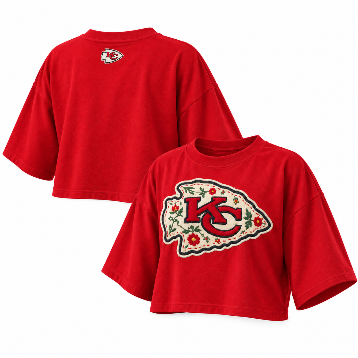 Pancho's Blanket × Kansas City Chiefs Floral Arrowhead Crop Top in red — front and back views on white background