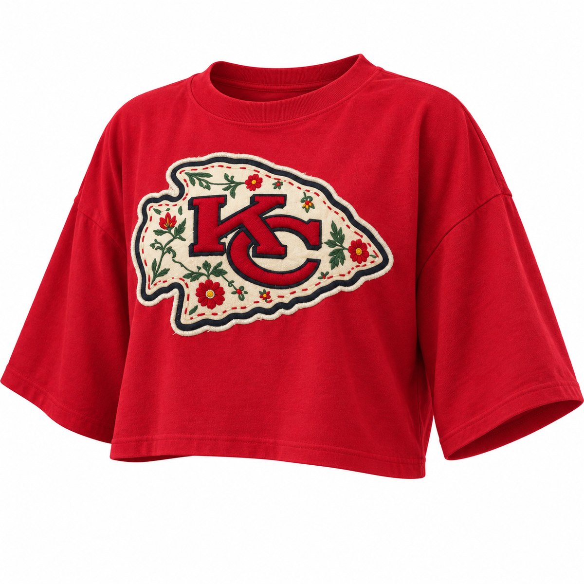 Pancho's Blanket × Kansas City Chiefs Floral Arrowhead Crop Top in red — front view on white background
