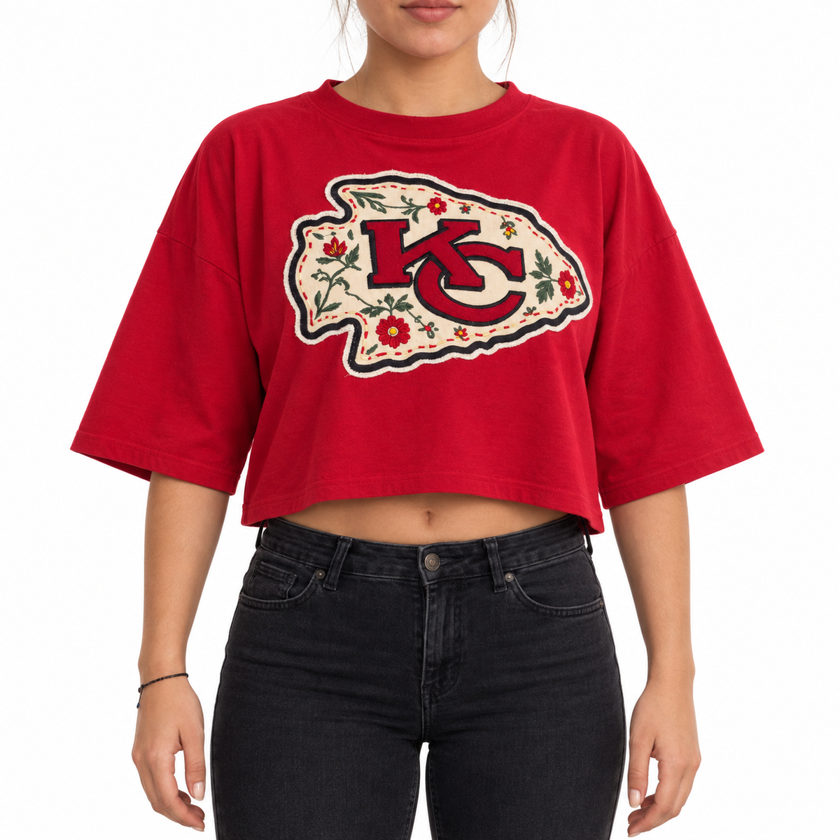Pancho's Blanket × Kansas City Chiefs Floral Arrowhead Crop Top in red — modeled view on white background