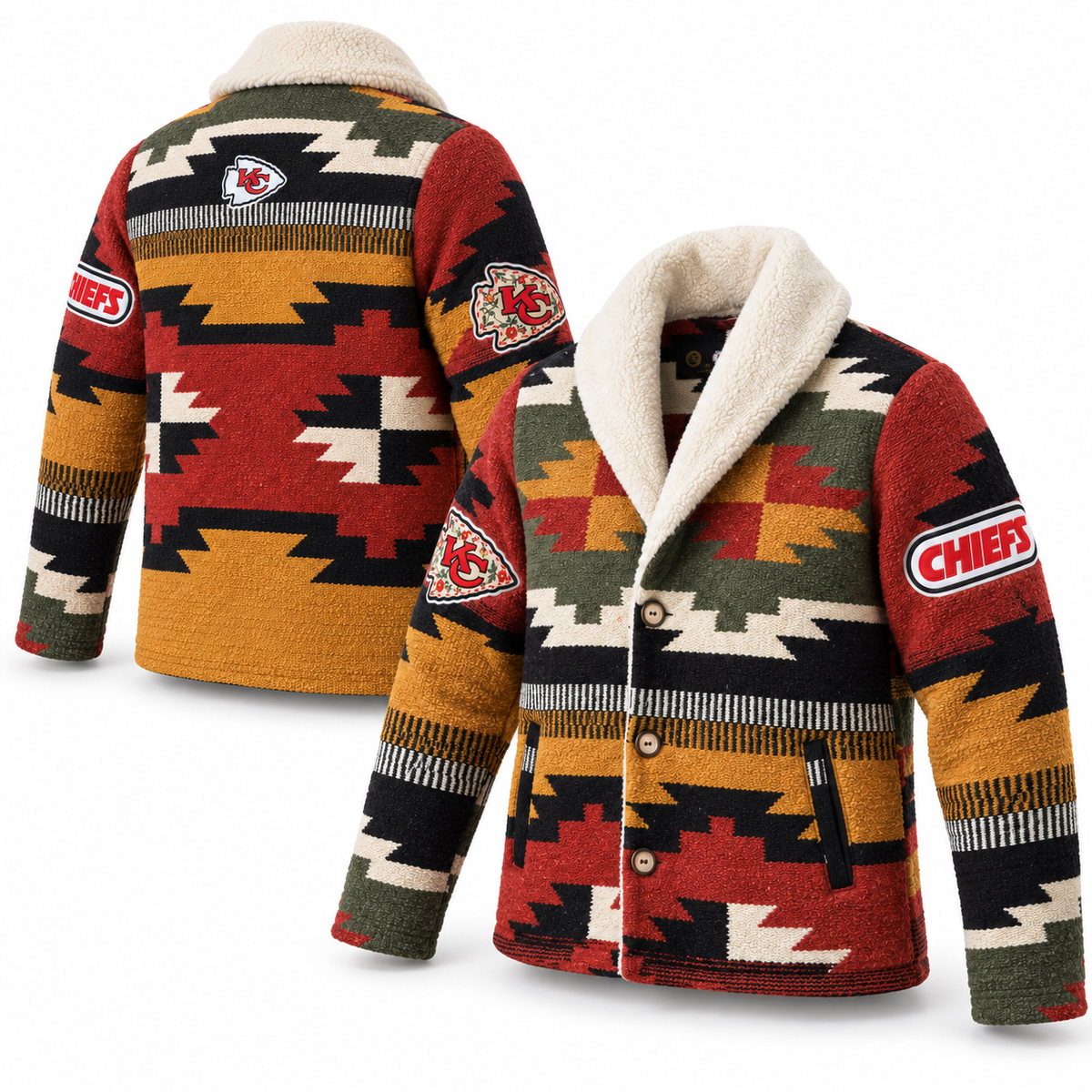 Pancho's Blanket × Kansas City Chiefs Special Edition Heritage Coat — front and back views on white background