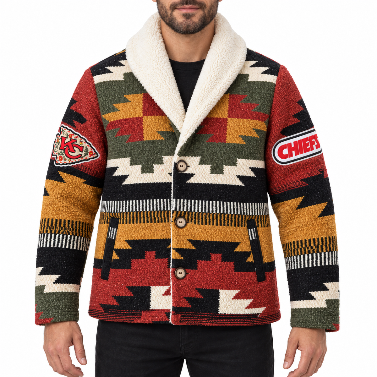 Pancho's Blanket × Kansas City Chiefs Special Edition Heritage Coat — modeled view on white background