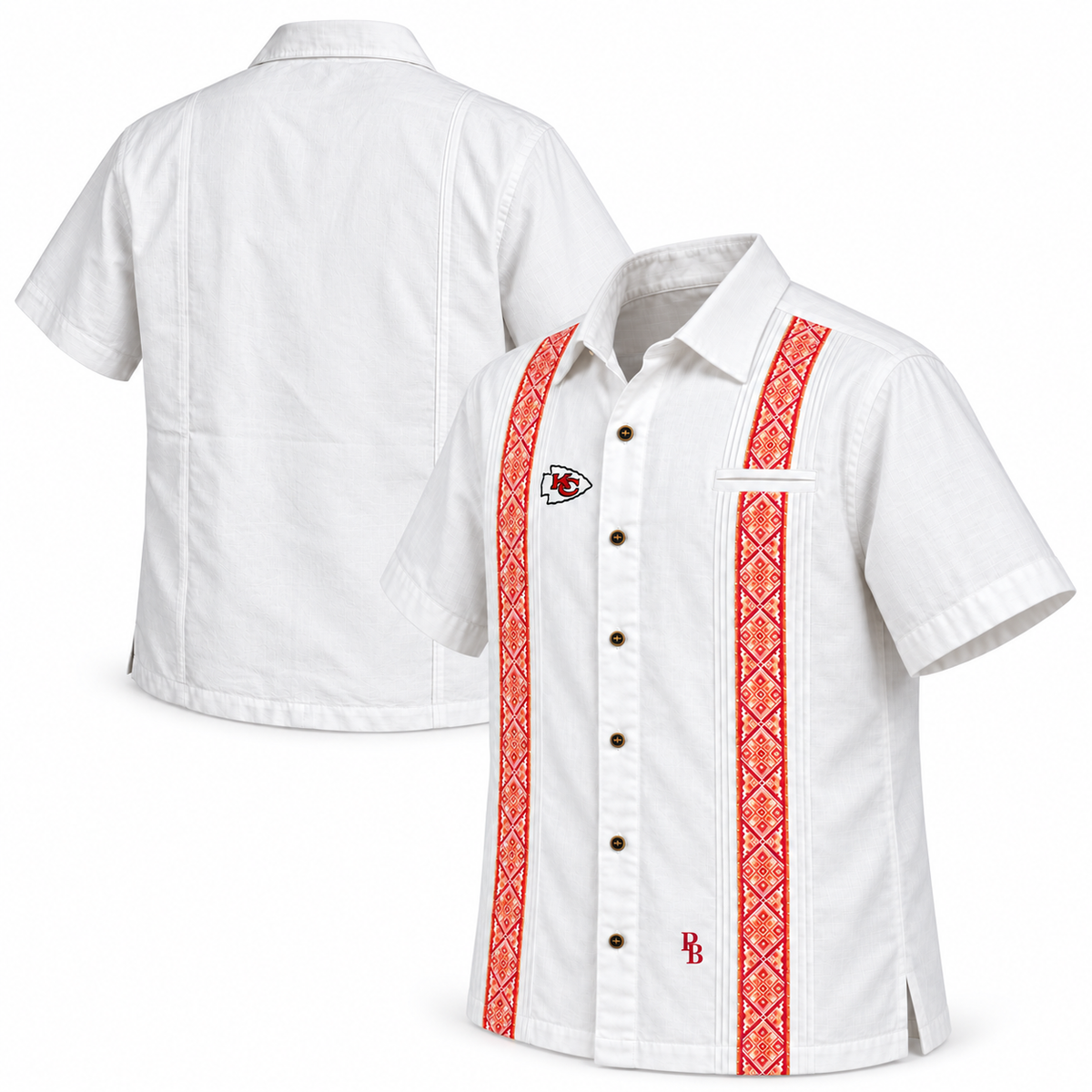 Pancho's Blanket × Kansas City Chiefs Heritage Guayabera — front and back views on white background