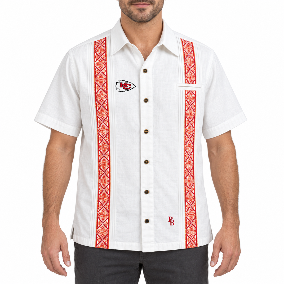 Pancho's Blanket × Kansas City Chiefs Heritage Guayabera — modeled front view on white background