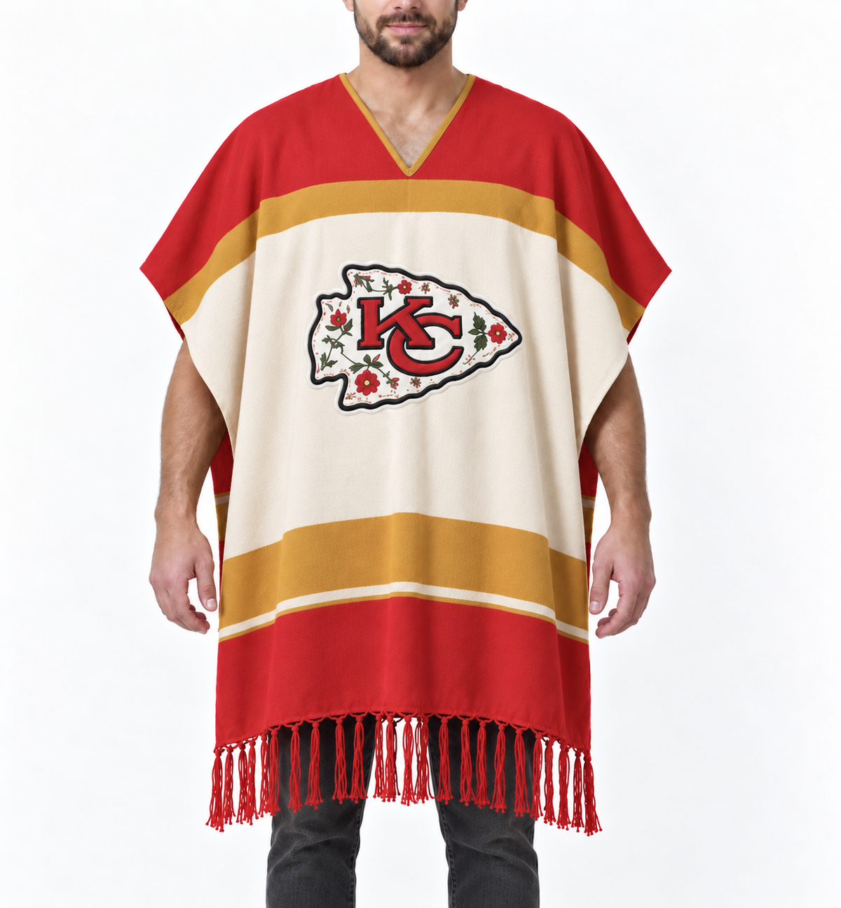 Pancho's Blanket × Kansas City Chiefs Red, Gold & Cream Gaban — modeled view on white background